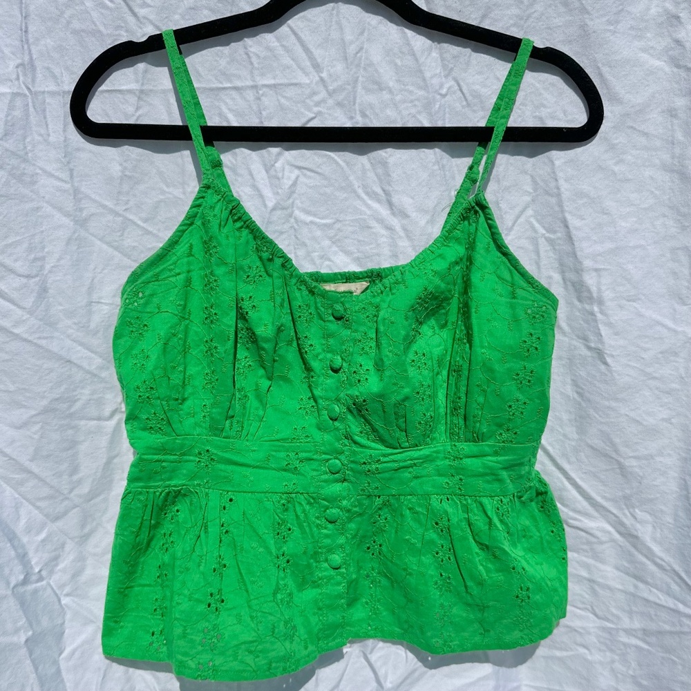 100% Cotton Green Eyelet Adjustable Spaghetti strap Peplum Button Down Top